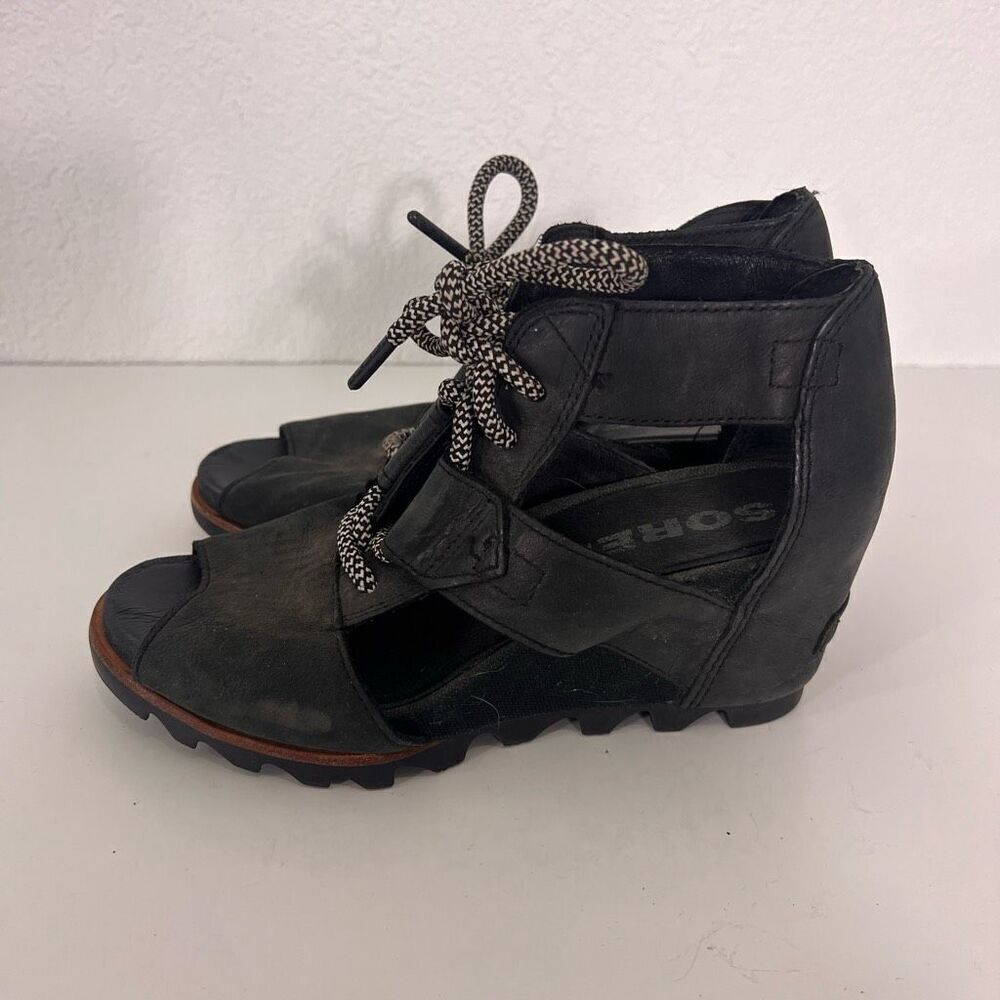 Sorel Black Leather Cutout Detail Lace Up Wedge‎ Sandals Women’s 7.5